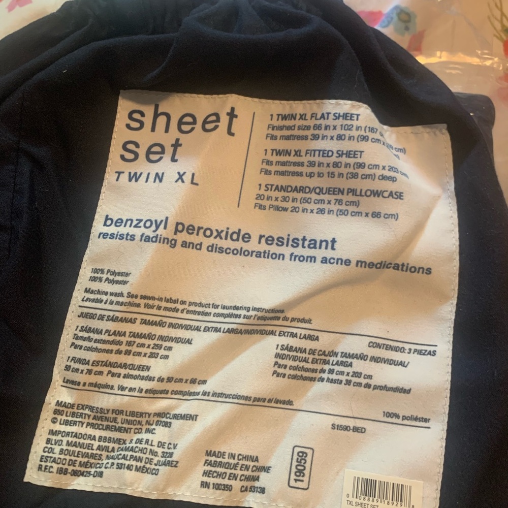 Twin XL sheet set navy blue. Still in package
